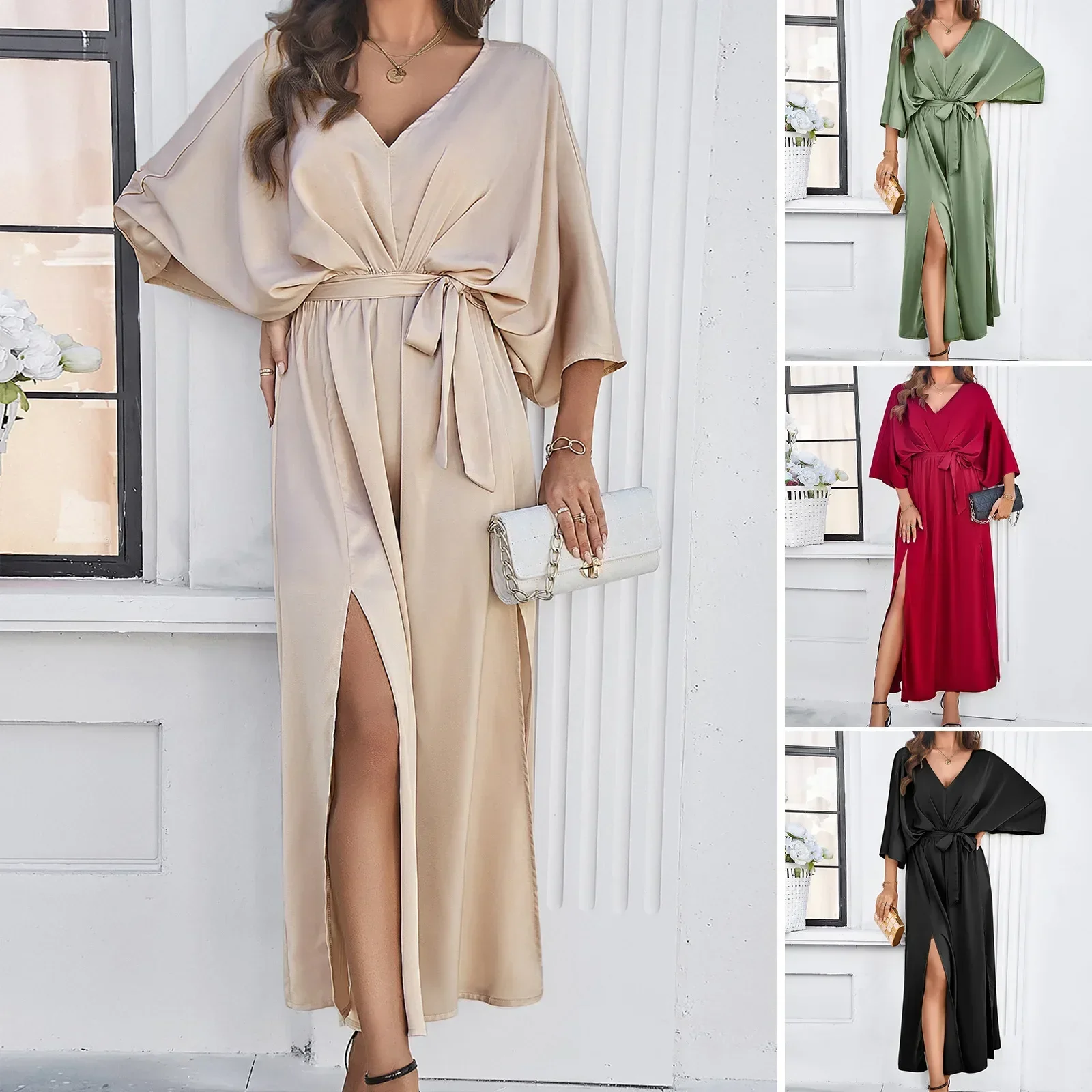 

LIBIELIY Women's Summer New Long Dress Solid Color V-neck Women's Dress Vent Lace Up Silky Evening Dress Half Sleeve Female Dres