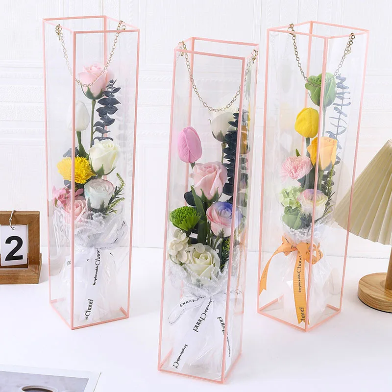 5Pcs Transparent PVC Flower Bouquet Tote Bag Portable Valentine's Day Metal Chain Flower Box Festivals Party Rose Packing Bag