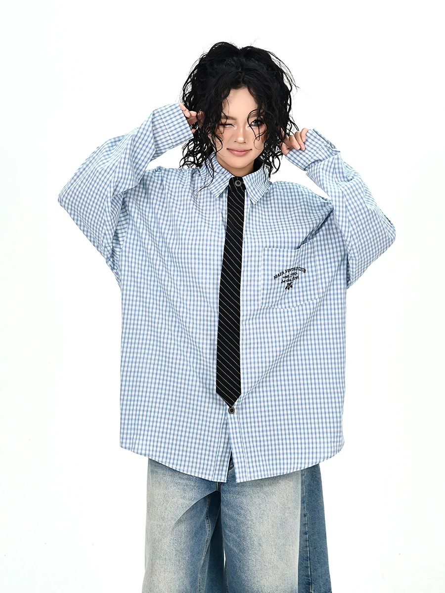 

Blue Plaid Long Sve irt Women's Loose BF American College Sle Top Easy Care Regular Thin Student Friendly