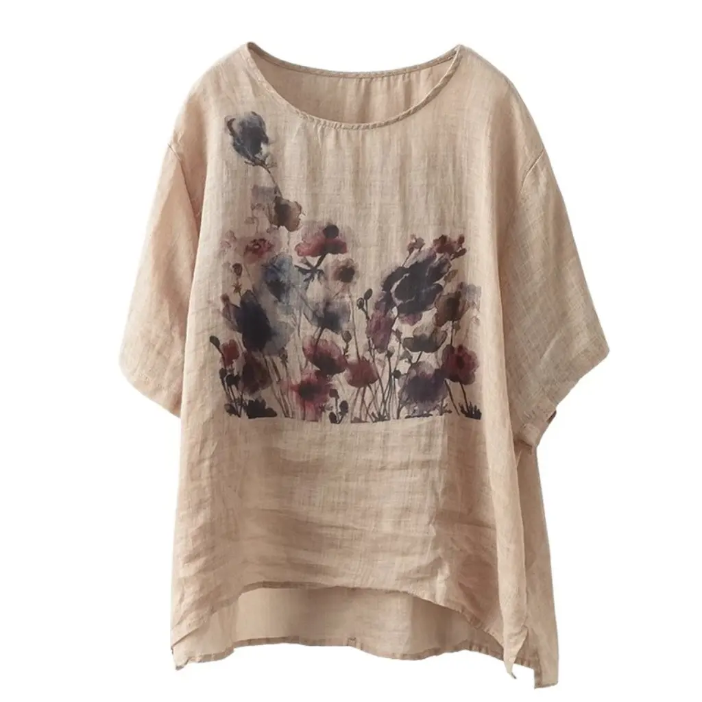 

Women's Retro Chinese Ethnic Style T-Shirt Cotton Linen Top Dark Gray White Printed Casual Summer Fashion