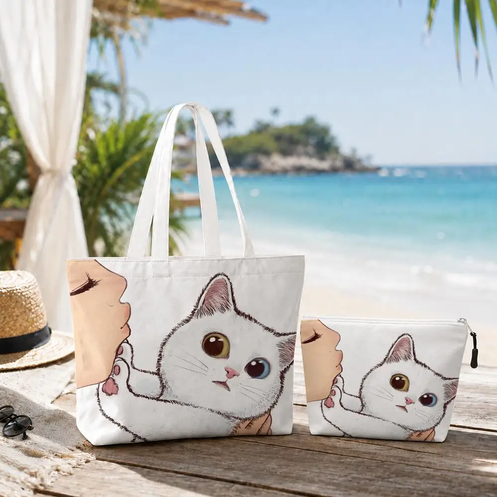 Kissing the cat Storage Bags Canvas Double-Sided Print Set 2PC Makeup Pouch Set with Zipper for Picnic Travel