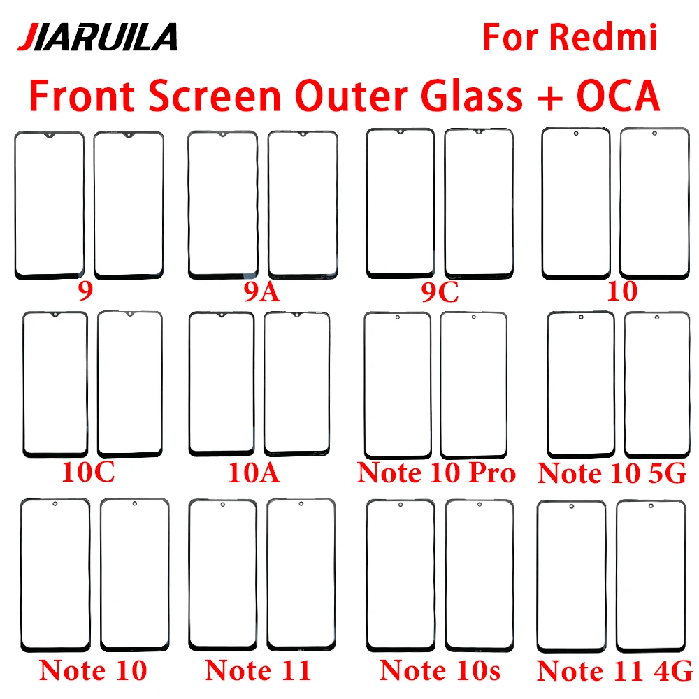 OCA LCD Touch Screen Vidro Lente Exterior, Tela Frontal, Xiaomi Redmi 9, 9A, 9C, 10, 10A, 10C, Nota 10S, 10 Pro, 11, 11S