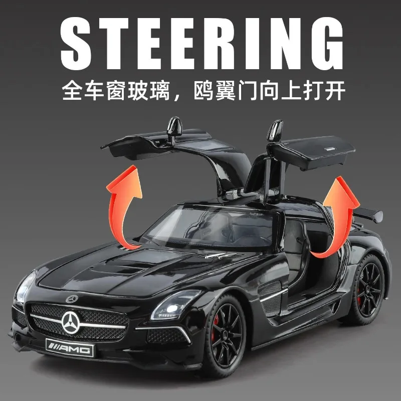 1:24 scale mercedes benz sls amg alloy diecast model car four doors open transparent hood pull back light sound kids gift view 4