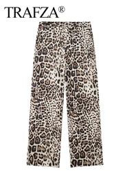 TRAFZA Women Vintage Leopard Print Straight Pants Loose Casual High Waist Zipper Fly Trousers Y2K Woman Fashion High Street Pant