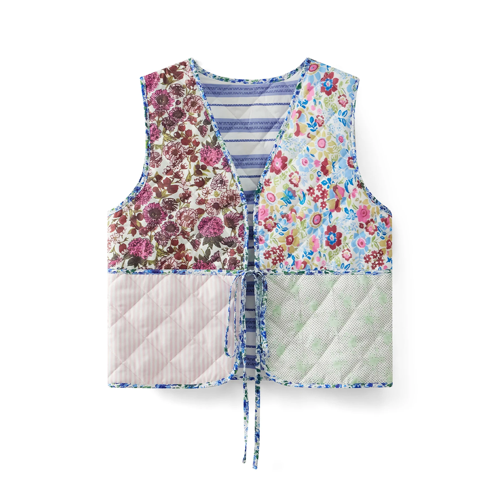 Chaleco con estampado Floral para mujer, ropa clásica de retales sin mangas, con cordones delanteros acolchados, prendas de vestir de otoño, Tops informales elegantes Vintage