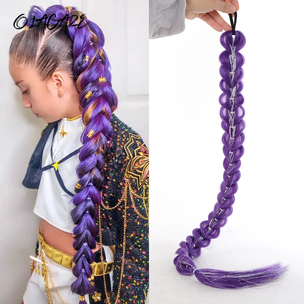 32inch Braided Purple Hair Ponytail with Tinsel Hair Wig Super Extensions Shiny Tinsel Hair for Kids Christmas Cosplay Rumi Hair