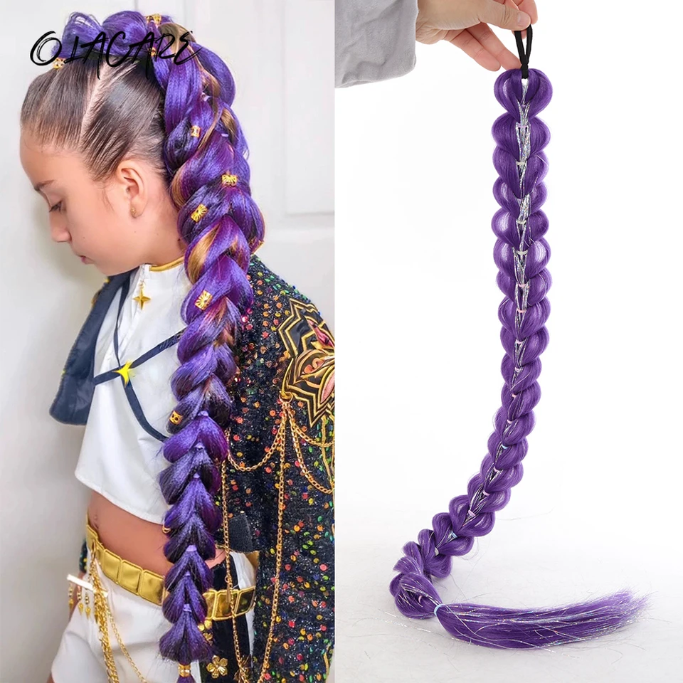 Coleta de cabello trenzado morado de 32 pulgadas con brillantina, extensión súper brillante para niños, cosplay de Navidad, cabello Rumi