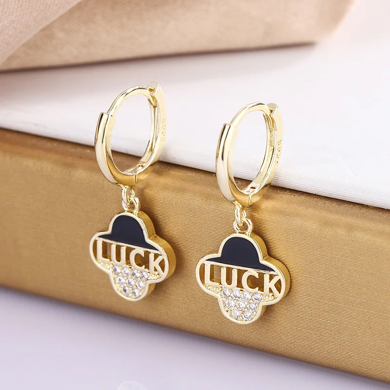 

2022 Trend New Fashion Creative Jewelry Metal Ferry Gold Lucky Letter Earrings Diamond Drop Glaze Statement Cute Drop Earrings