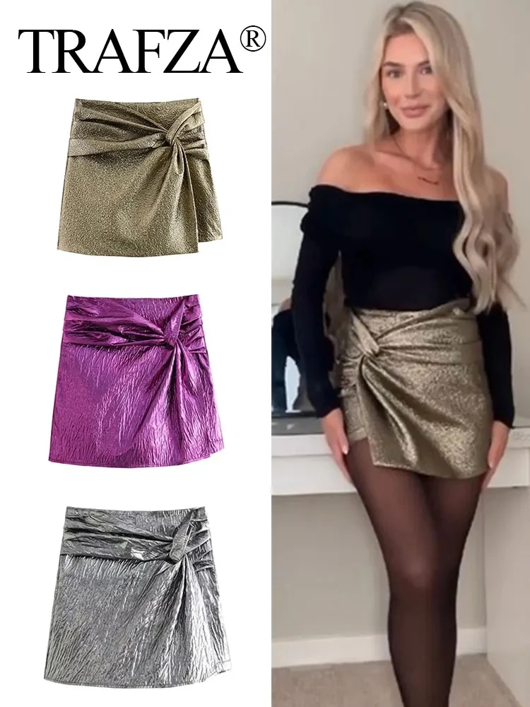 

TRAFZA Mini Skirt Shorts For Woman Pleated High Waist Slim Short Skirts Zipper Side Elegant Woman Solid Skirt Streetwear