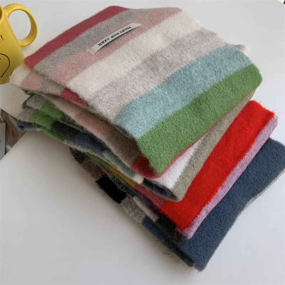 Mohair Regenbogen Winter Streifen Kaschmir Schal Schal Wrap Kurze Schals Necks Warme Lange Quaste Dicker bufanda invierno mujer