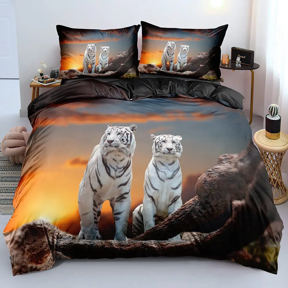 

3D Tigers Print Duvet Cover King Queen Sunset Animals Pattern Comforter Covers White Tiger Bedding Set Wildlife Soft Quilt Cover