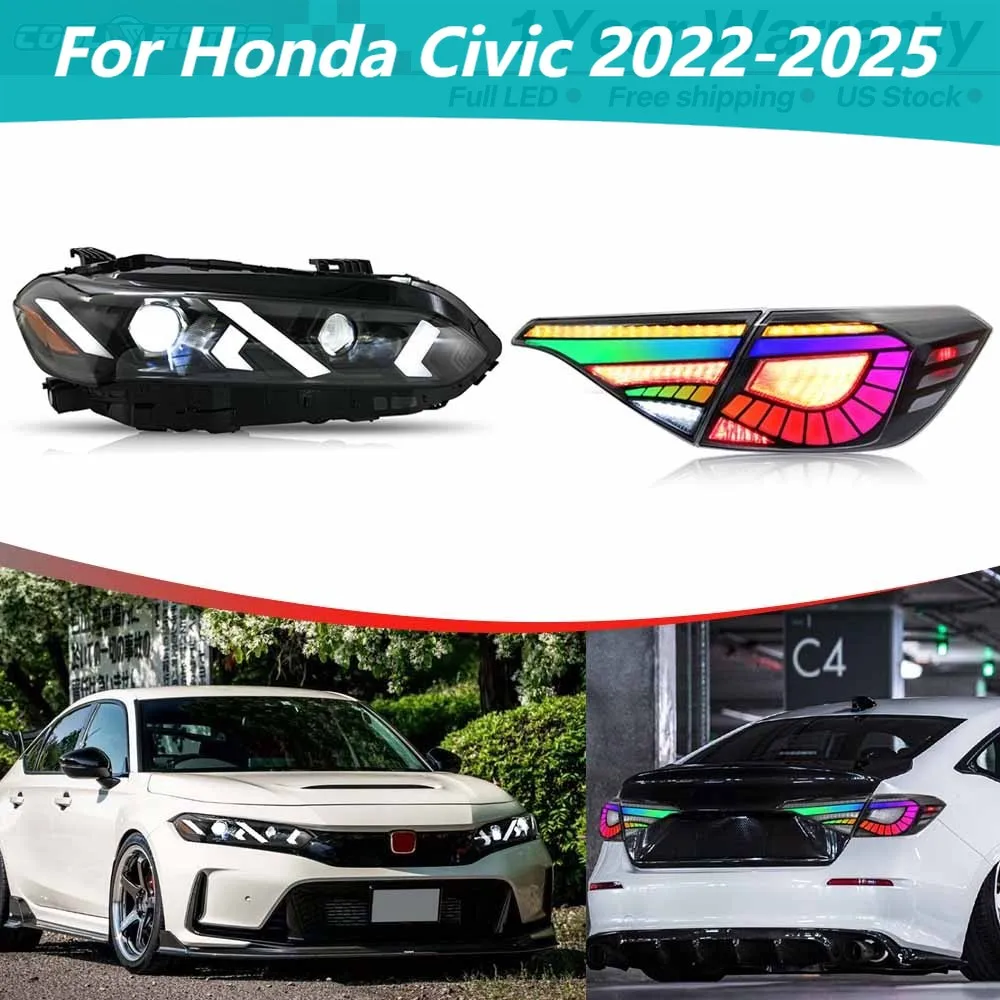 

2Sets LED Headlights Assembly +RGB LED Tail Lights For Honda Civic 2022-2025 Front+Rear