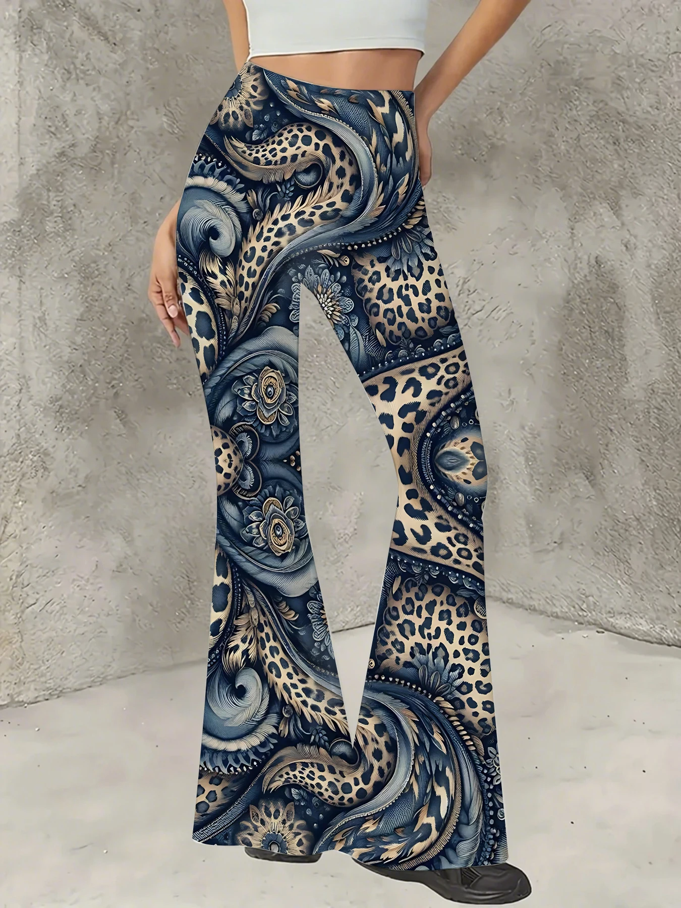 

Y2K Graphic Print Flare Pants Women High Waist Knit Bell Bottom Trousers