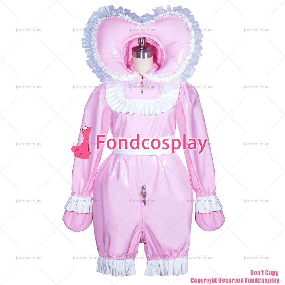 fondcosplay adult sexy cross dressing sissy maid bonnet French lockable baby pink heavy PVC jumpsuits Romper CD/TV[G3910]