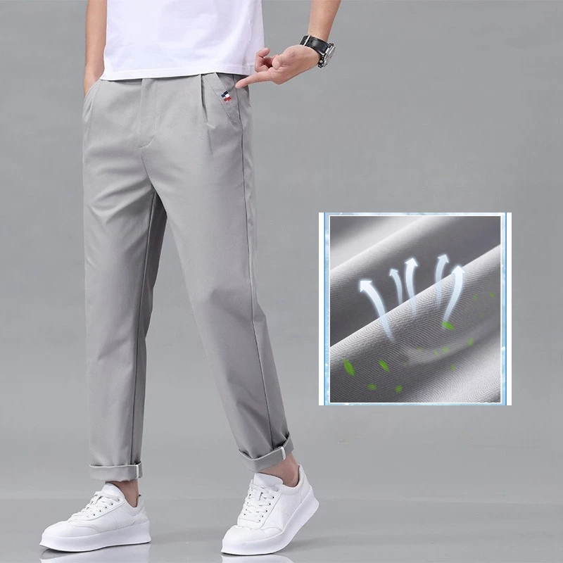 

Ice Silk Men's Pants 2026 Summer New Thin Business Casual Trousers Street Y2K Elastic Waist Breathable Straight Leg Sweatpants