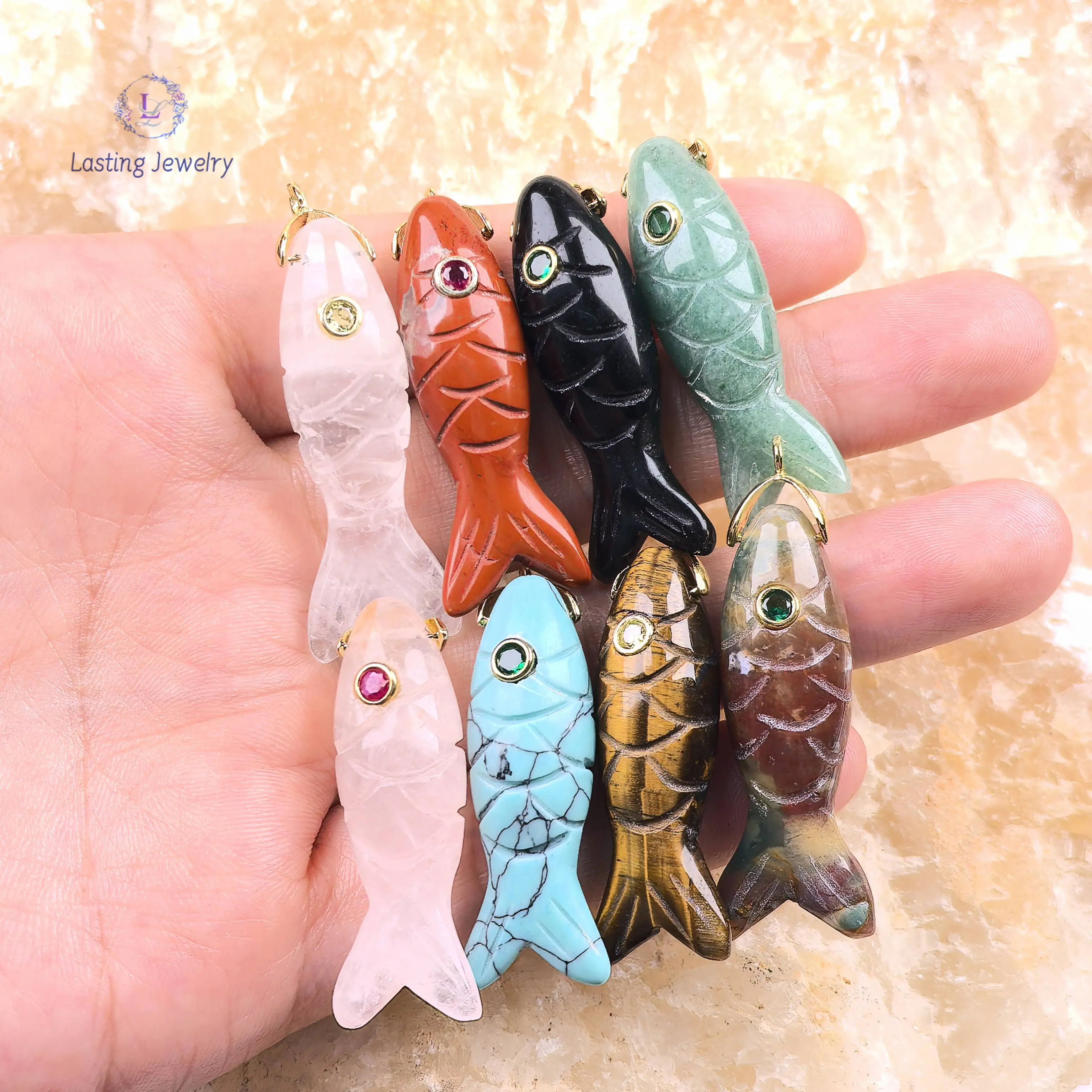 

Carved Gemstone Fish Pendants With Inlaid Charms Reiki Crystal Quartz Turquoise Obsidian Aventurine For Necklace Jewelry Making