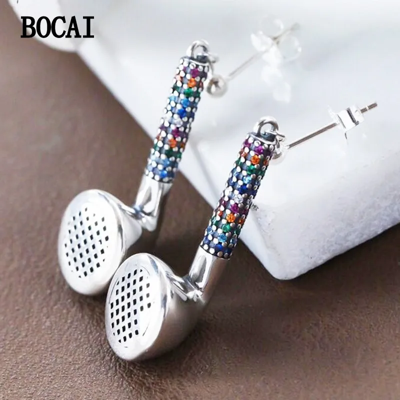 BOCAI NEW S925 Silver Vintage Hip-hop Personality Niche Design Headphones Earrings Female Gift