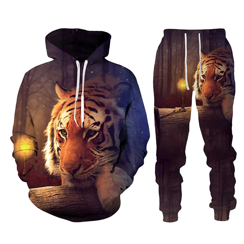 Animal Tiger 3D Printed Men's Tracksuit Set Casual Hoodie and Pants 2PCS Sets Autumn Winter Fashion Streetwear Man Clothing Suit