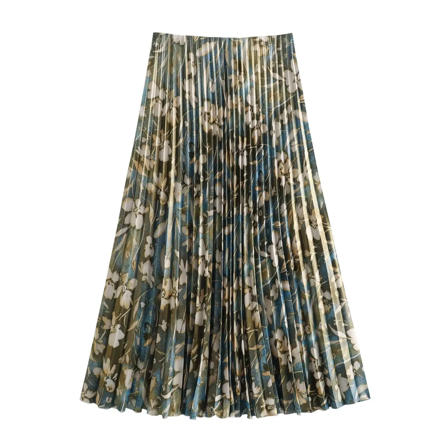 Tangada 2024 Women Flower Print Pleated Skirt Zipper High Waist Female Long Skirt 6X0111