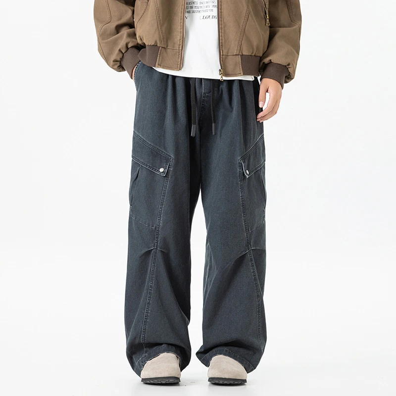 Men's Workwear Style Multi Pocket Casual Pants Relaxed Elastic Waist Straight Leg Trendy Splicing Wide Leg