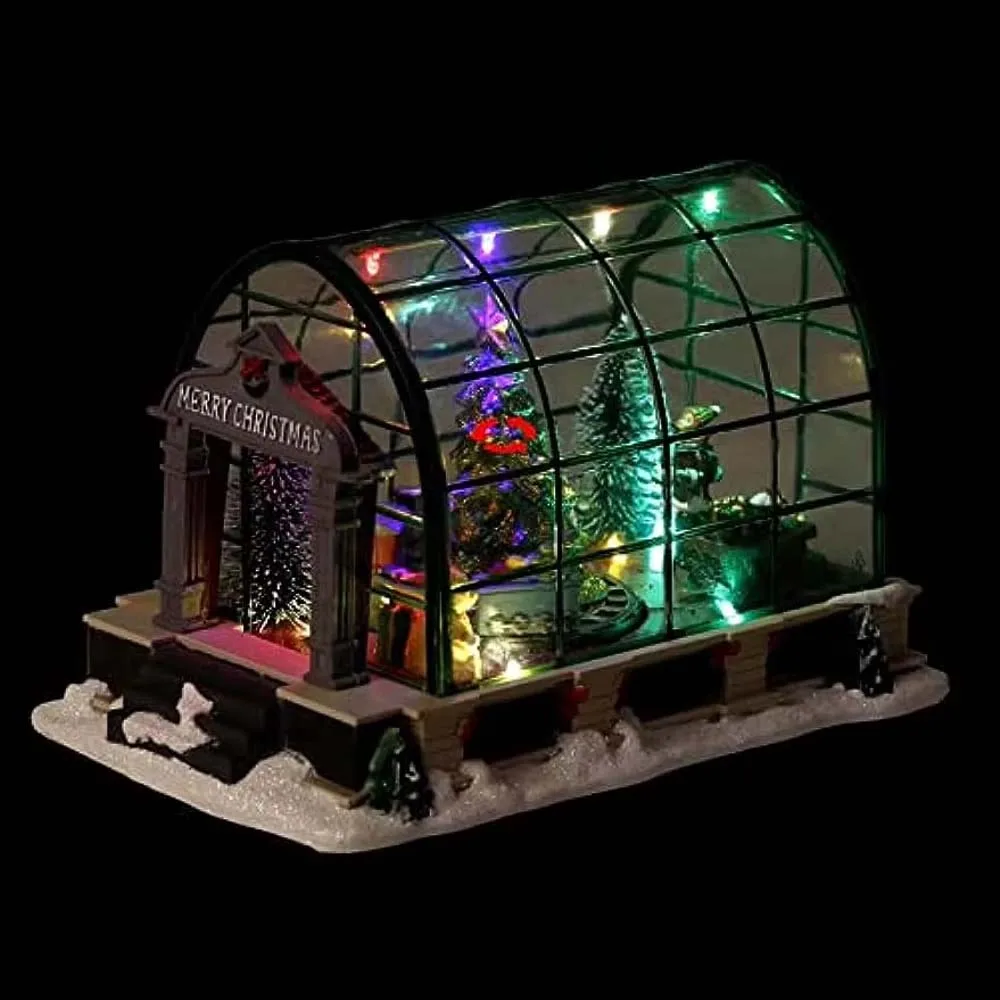 Lighted Christmas Village Greenhouse Decorations, Animated Lighted Collectible Building Xmas Musical Tree Home Holiday Ornament