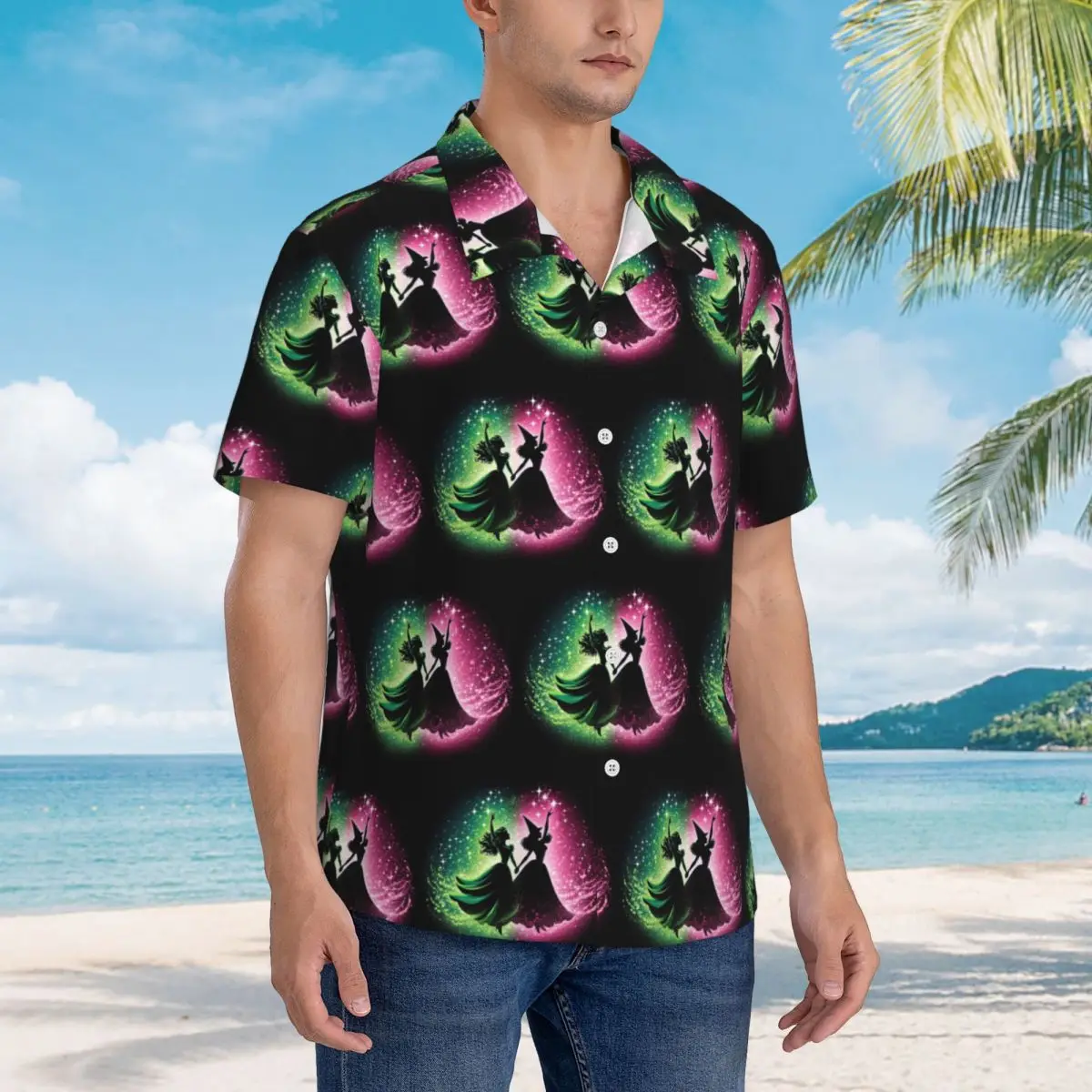 

Elphaba And Glinda Wicked The Musical Hawaiian Shirts Fashion Men Short Sleeve Shirt for Summer Beach Men's Button Tops