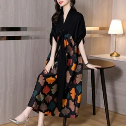 2026 Summer Silk Printed Mulberry Silk Midi Dress Fall Retro Casual 5XL Plus Size Long Sleeve Dress Elegant Women Vestidos