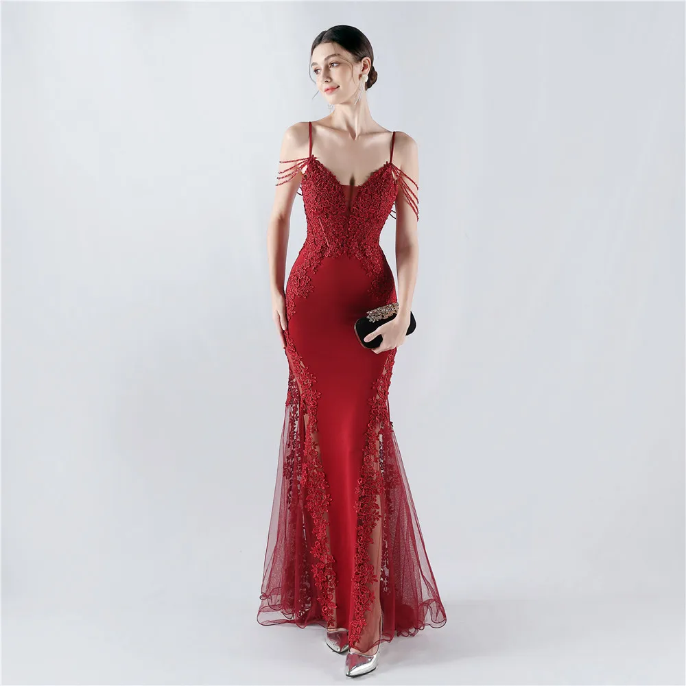 

2025 Sexy Dark Red Mermaid Prom Birthday Dress V-neck Sttraps Crystal Beads Lace Appliques Evening Party Gowns Formal Dresses