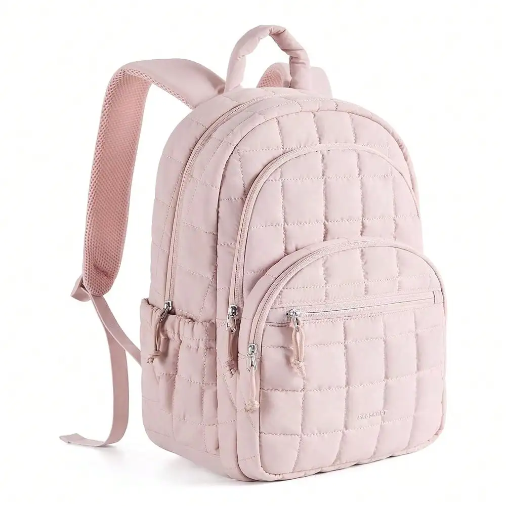 

College Laptop Backpack, Travel Laptop Backpack For Women, Quilted Casual Daypack, Water-Resistant Bookbag For 15.6 Inch Laptop, Pink