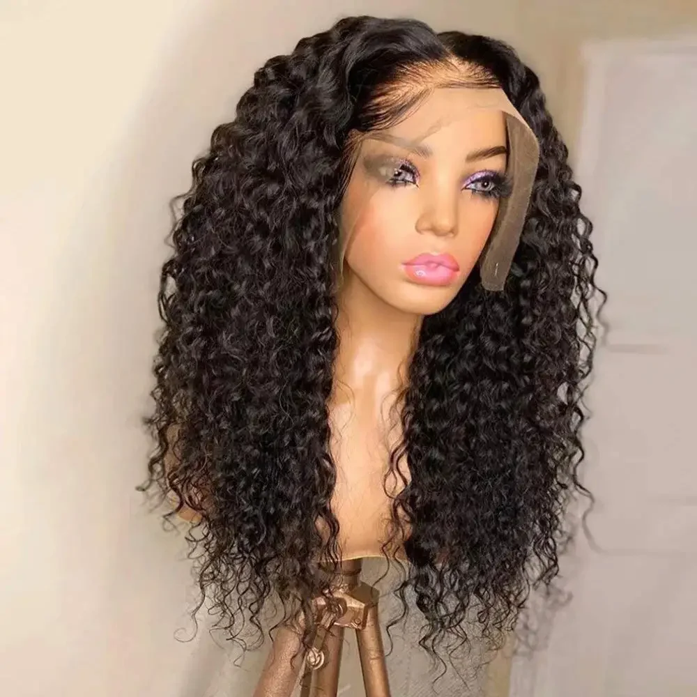 Natural Black Glueless 180Density 26inch Long Kinky Curly Deep Lace Front Wig For Women With Baby Hair Preplucked Daily