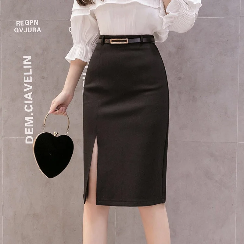 

Faldas Para Mujeres Party Elegant Office Skirt for Women Work Split Hip Sexy Skirts High Waist Streetwear Black Skirts with Belt