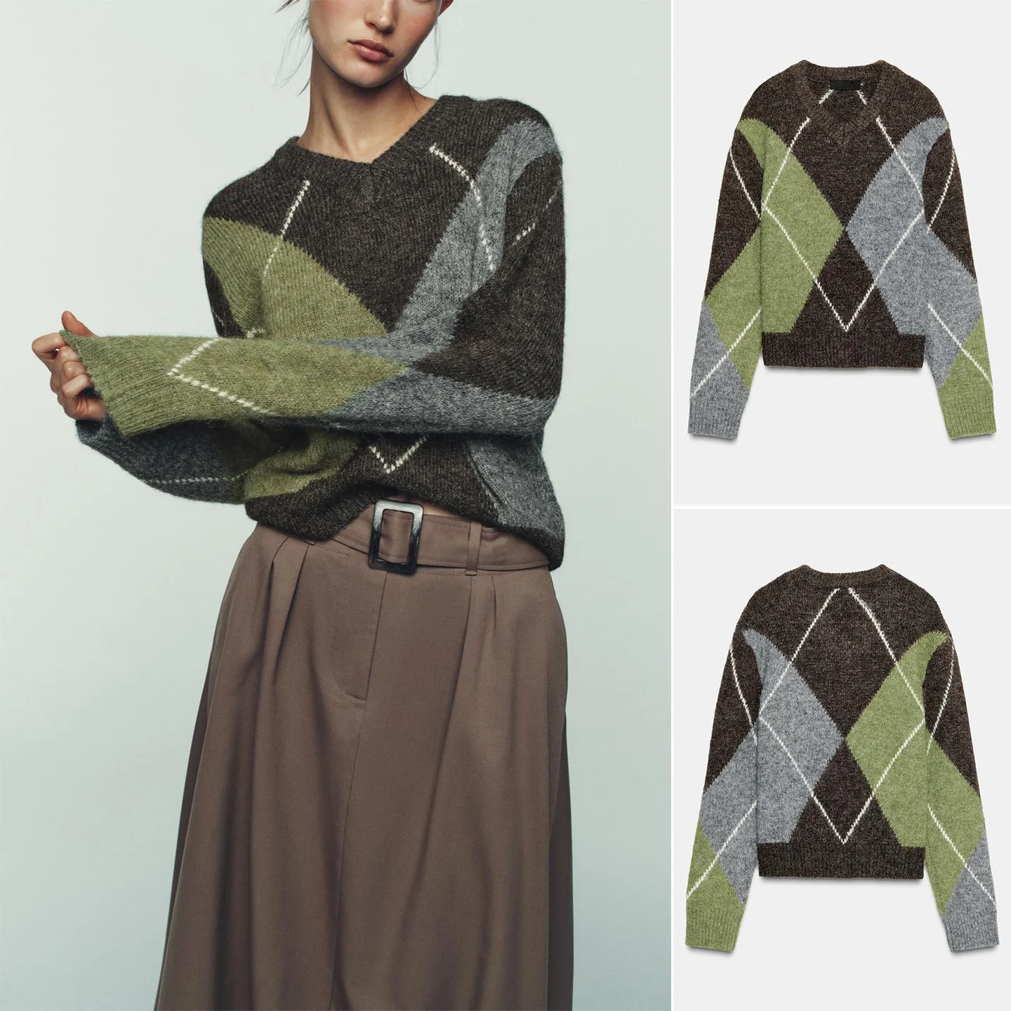 

Новая зимняя женская вязаная кофта с V-образным вырезом и ромбовидным узором, из полиэстера, для повседневной носки, стандартный крой, однотонная.