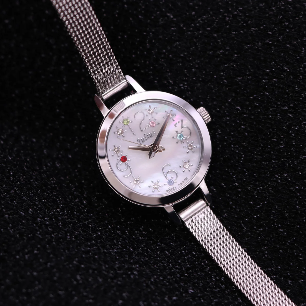 

Маленькие женские часы Julius с перламутром, японские кварцевые модные часы со стразами, стальной браслет, подарок для девочек, без коробки