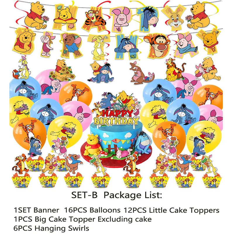 Cartoon Anime Pooh Bear Theme Birthday Party Anime Action Figure Image Banners Cake Topper Balloon Baby Shower Supplies Event