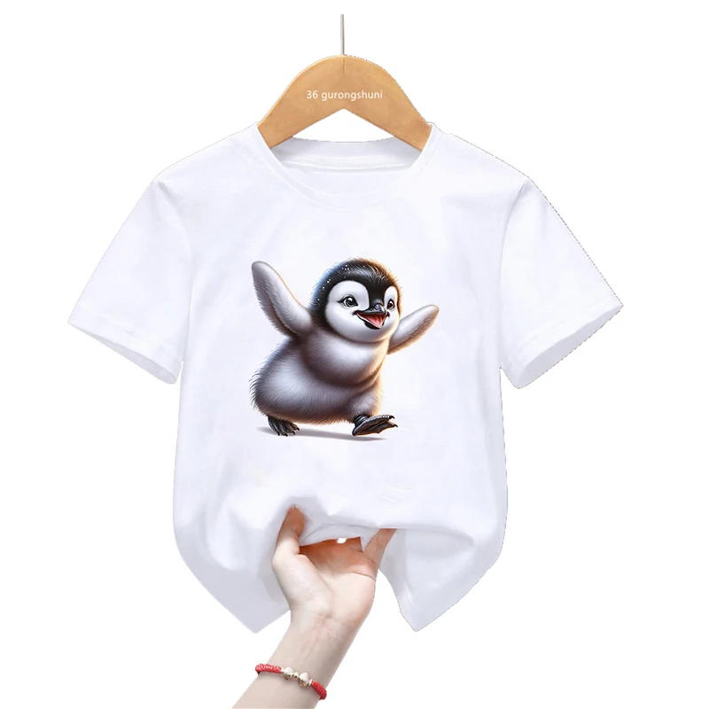 Mały pingwin koszulka dla dziewczynek z nadrukiem zwierzęcym/chłopcy Harajuku Kawaii dziecięce ubrania letnie z krótkim rękawem T-Shirt odzież dziecięca