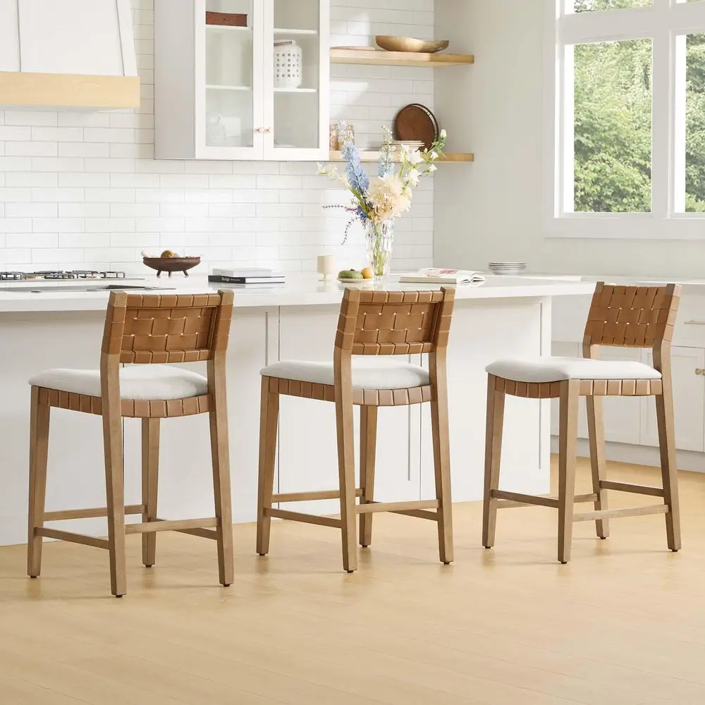 

Woven Bar Stools Set of 3, 26 Counter Height Bar Stools with Backrest, Handwoven Counter Stools with Wood Frame for Kitchen Isl