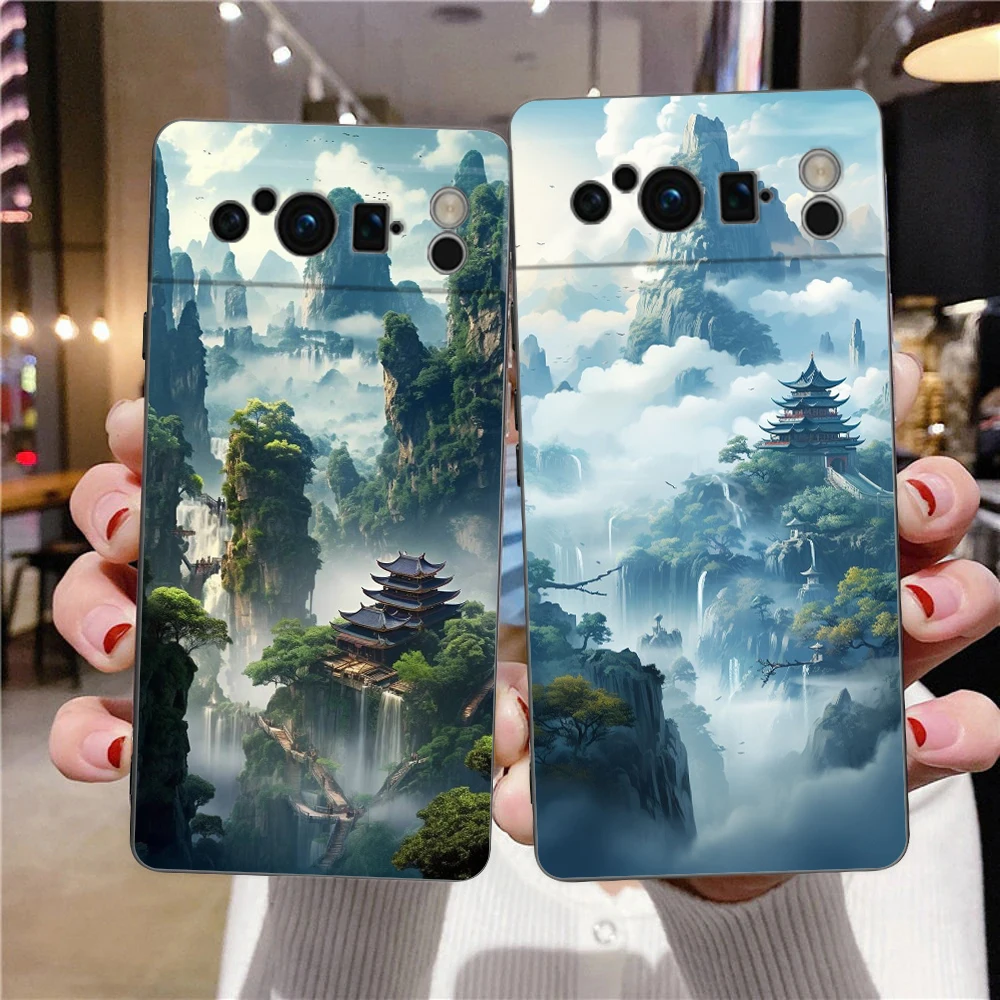 กรอบสีดำ TPU ซิลิโคนนิ่ม6A โทรศัพท์ลายศิลปะแนวนอนเคสสำหรับ Google พิกเซล8 7 6 Pro 7A 8A 5G กันกระแทกเคส fundas