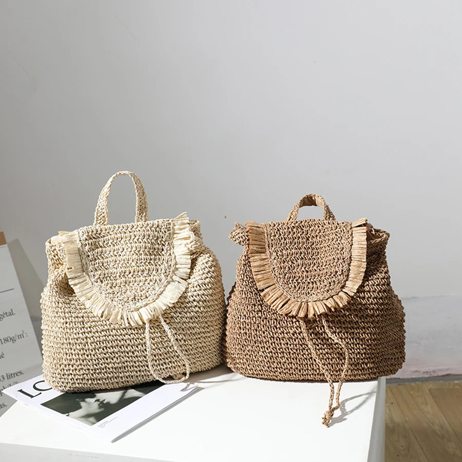 

New Shoulder Straw Woven Fringe Backpack Zipper Student Flap School Bag Personality Hand Carrying Woven Travel Holiday Beach Bag