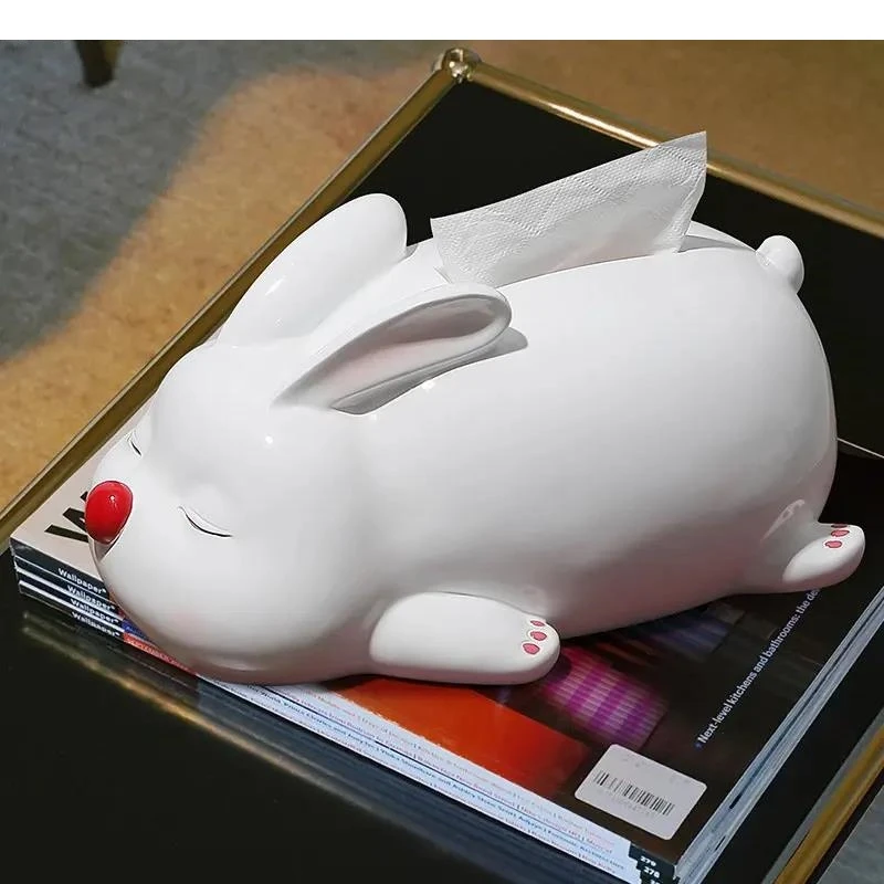 Cute Rabbit Tissue Box Living Room Table Handicraft Storage White Resin Nordic Home Decoration Art