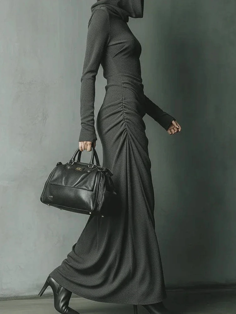 Gaun Maxi Lengan Panjang Berkerudung Baru, Gaun Pesta Chic Patchwork Fashion Musim Gugur Wanita, Gaun Wanita Elegan Kasual Solid Streetwear