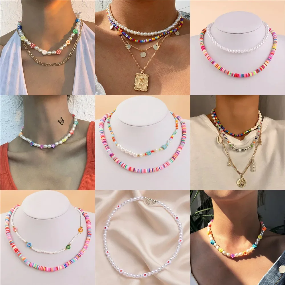 LXY-W Vintage Fashion Multilevel Sweet Style Colorful Beads Flower Artificial Pearl Chain Necklace For Women Boho Choker Jewelry