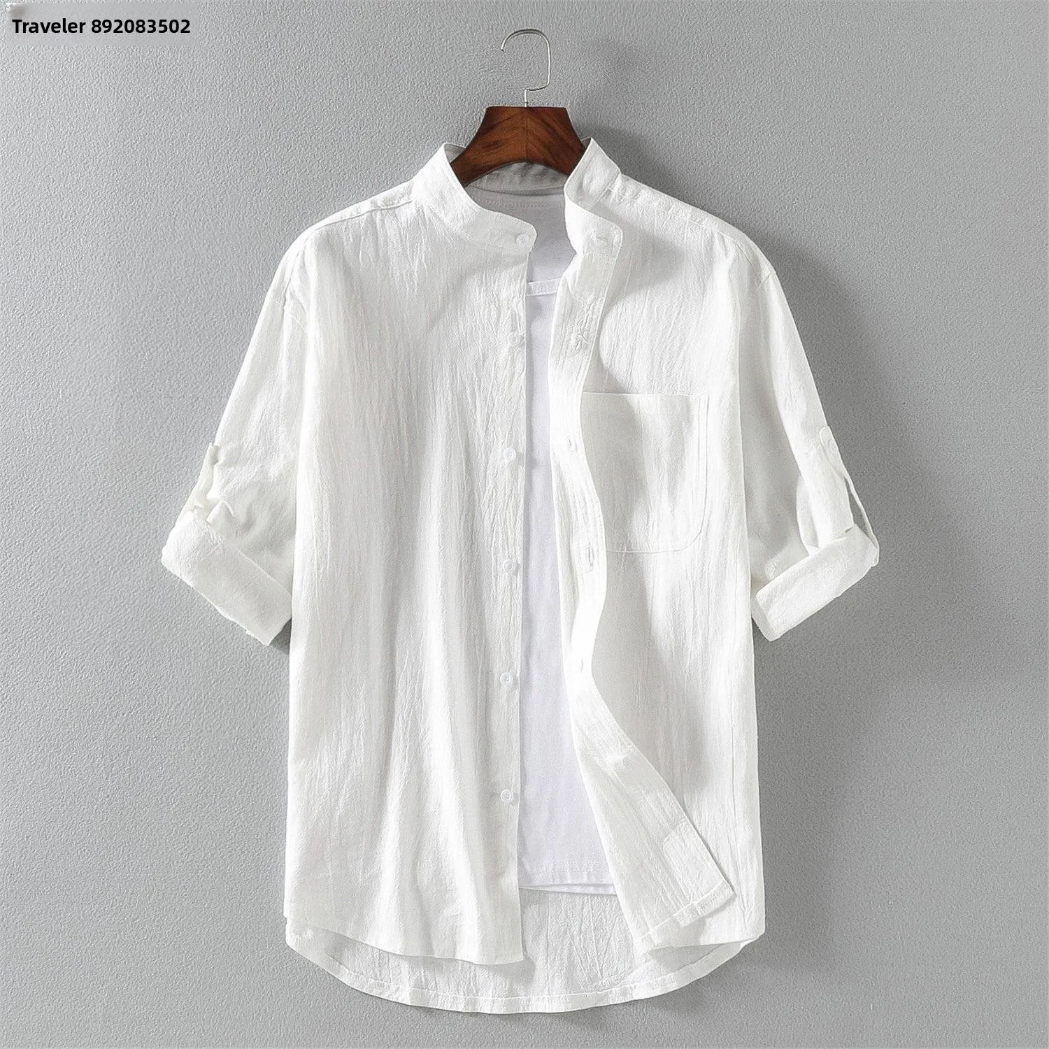 

Men's Summer Thin Cotton Linen Short Sleeve Shirt Stand Collar Casual Seven-Five Length Sleeve Casual Style Travel Shirt
