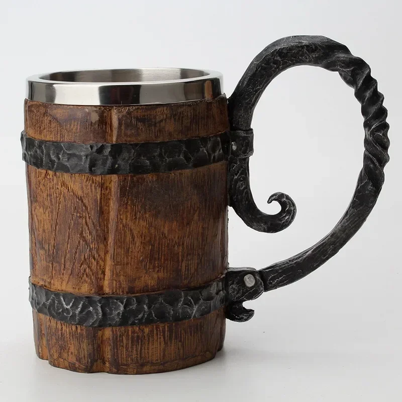 

500/600ml Viking Wood style Beer Mug Christmas Gift Simulation Wooden Barrel Beer Cup Double Wall Drinking Mug Metal Insulated