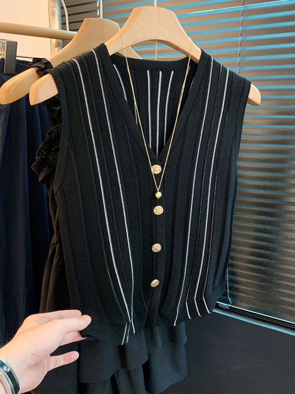 

Ele Striped V-Ne Tank Top Women's Open Cardigan Outerwear High Waist Sle Button Detail No Sve Silk Material