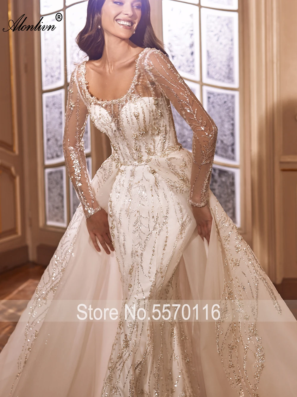 Alonlivn Personalizza Nuovo arrivo 2 in 1 Abito da sposa a sirena con maniche lunghe Bling Ricamo Perline Abiti da sposa Scoop in pizzo