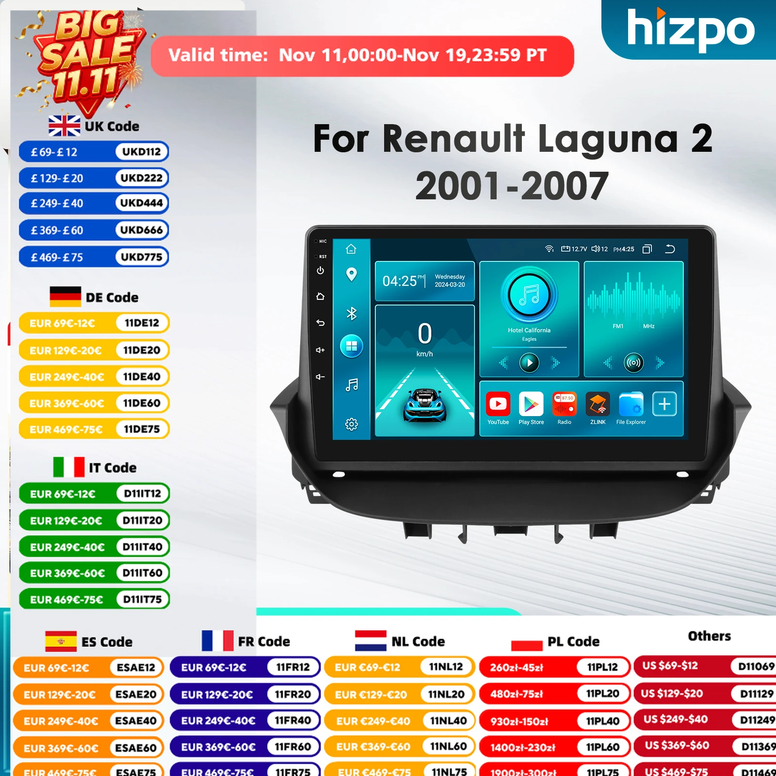 Hizpo 4G 8-ядерный Android-авторадио для Renault Laguna 2 2001-2007, GPS-навигация, автостереоплеер, автомобильный мультимедийный головное устройство