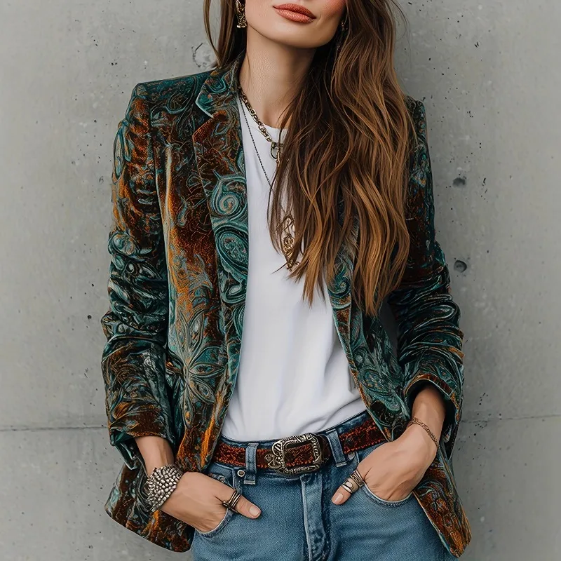 Vintage women acquard Velvet Blazer Suit jacket Coat Winter luxury Casual Suit Loose Slim Fit Commuting Coat Top Ethnic 2026