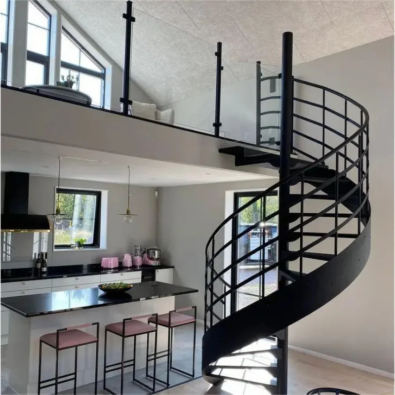custom.Space Saving Indoor Staircase with Central Steel Column and Walnut Steps Modern Apartment Use