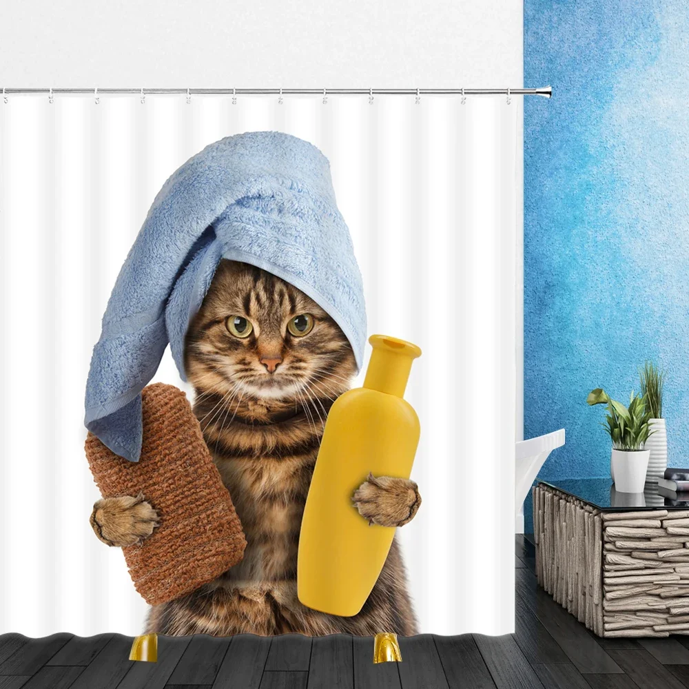 Funny Animal Shower Curtain Decor Cute Pet Cat Home Bathroom  Polyester Bath Cloth  Set Lanyard Hook