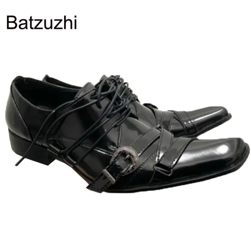 Batzuzhi Men's Shoes Small Square Toe Japanese Type Handmade Bronze Leather Dress Shoes Men Lace-up Straps Party and Wedding!